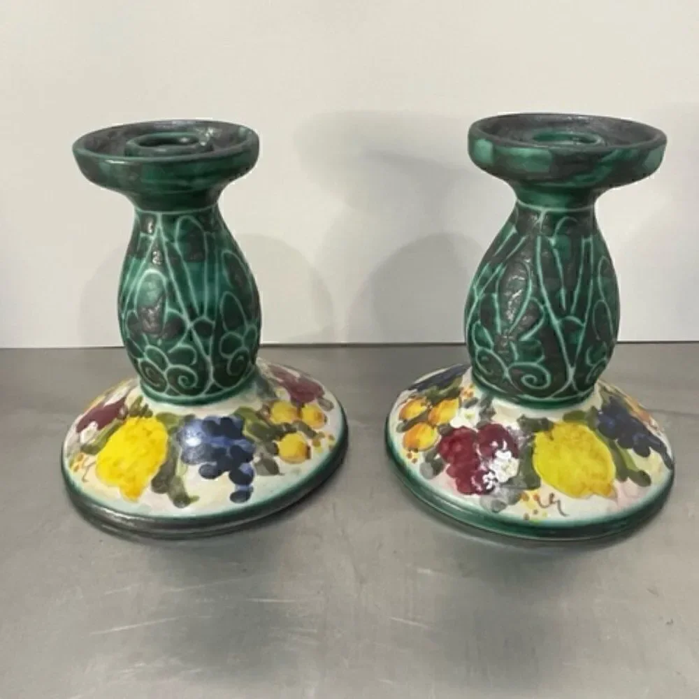Vintage Pair of Studio Arta Per Ceramic Italy Candlesticks Fruit/Flower Motif 2